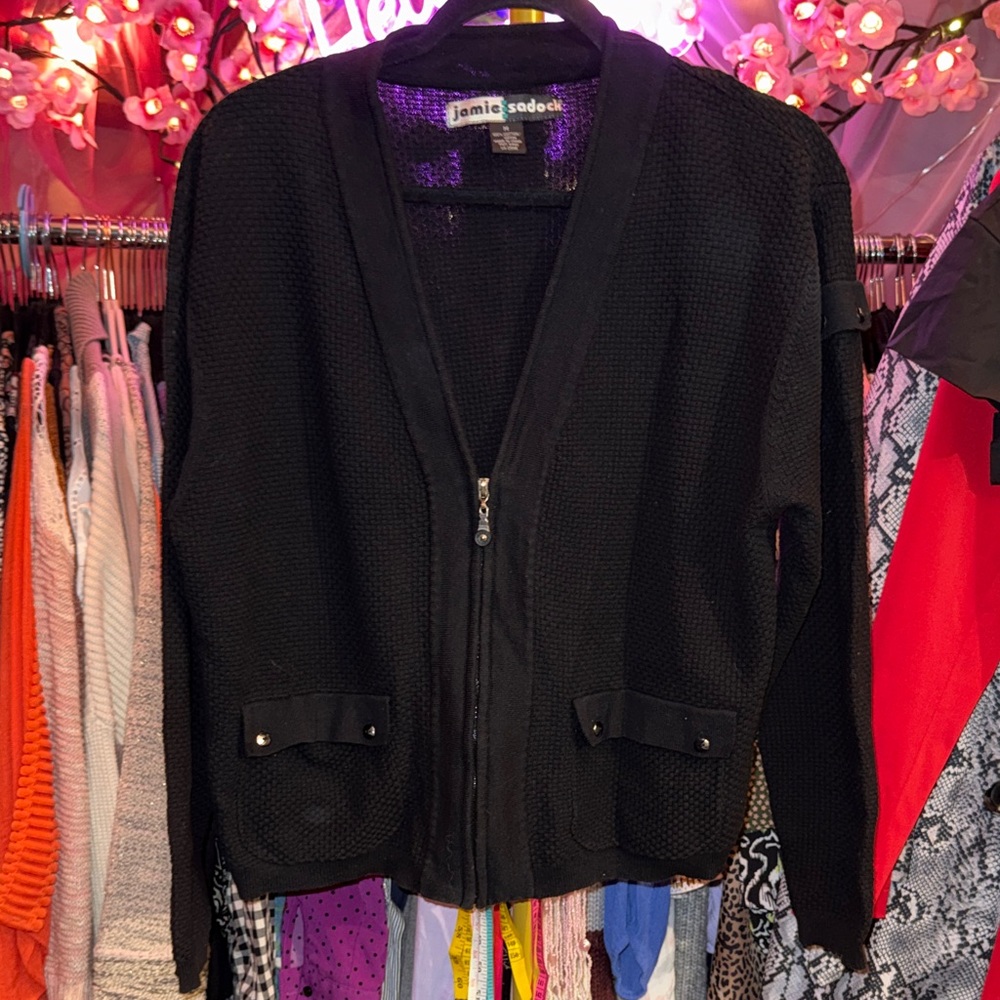 jamie sadock Black Chunky Knit Zip-Front Cardigan
